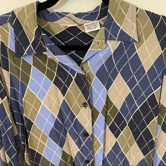 Blue Argyle Blouse Button Up Collared Top - Picture 6 of 9